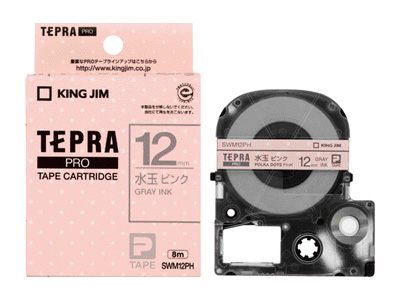 テプラPROテープ 水玉ピンク/グレー文字 12mm